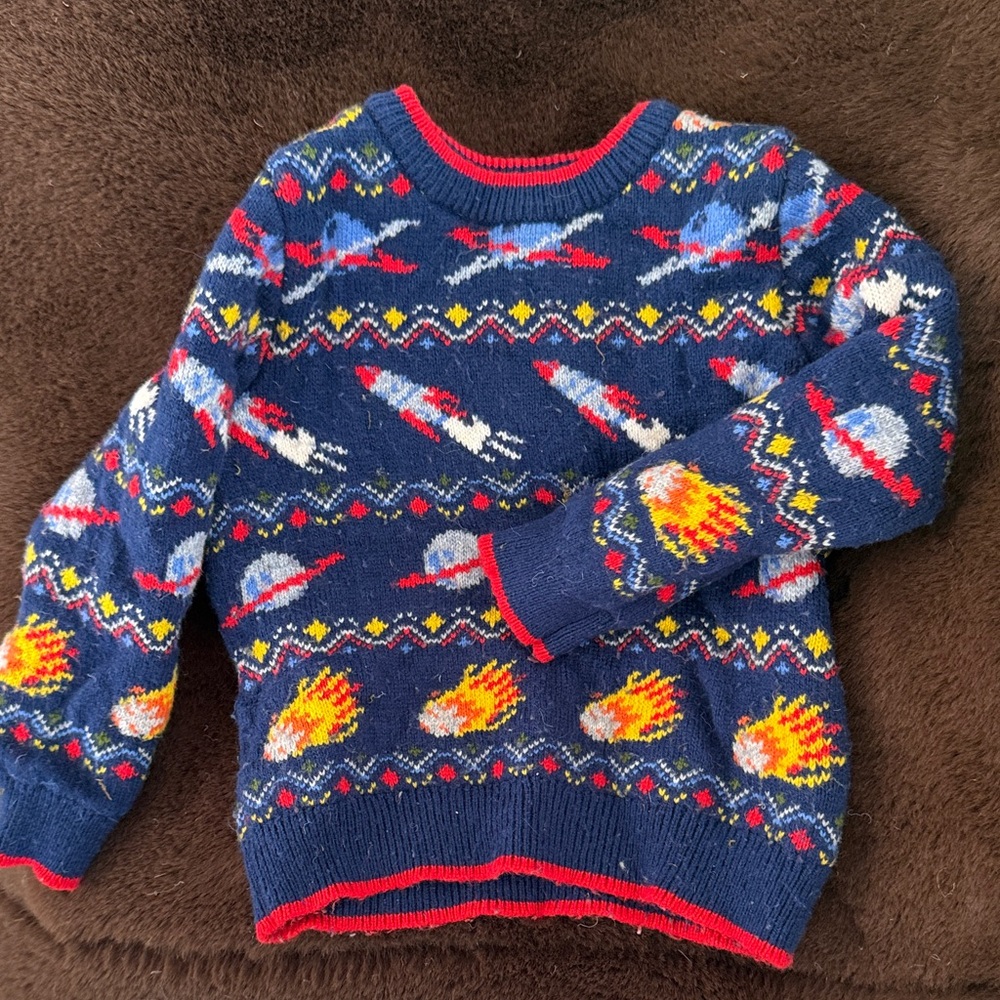 Boden Navy Kids Sweater with Red Trim and Multicolor Fair Isle